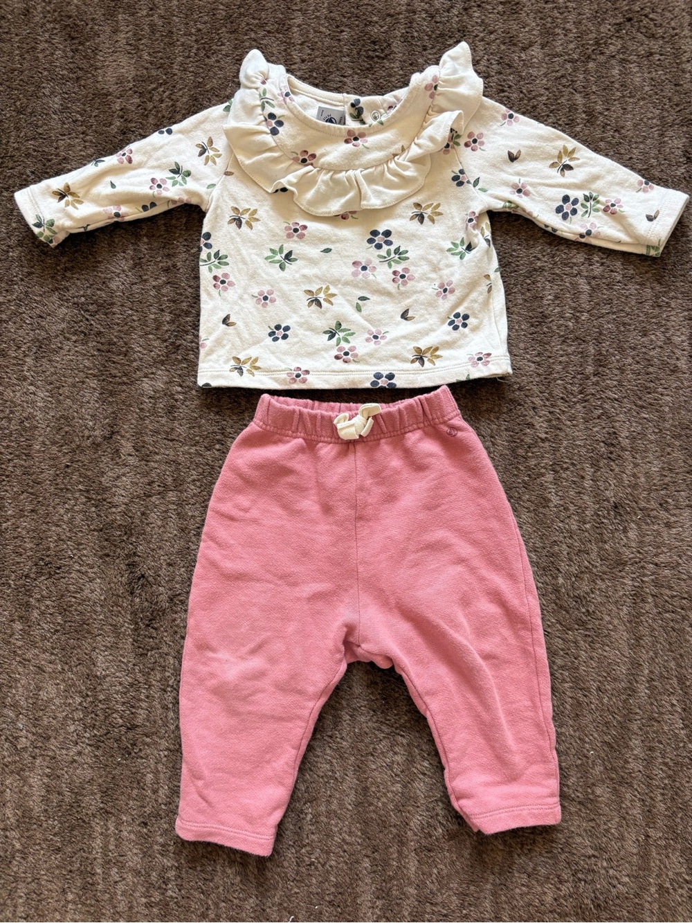 Petit Bateau Floral Ruffle Neck Baby Top with Pink Pants size 12M